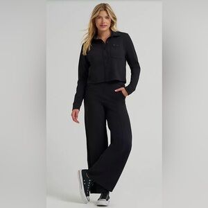 Lee Jeans Knit Button Down Shirt & Wide Leg Pull-On Pant Set in Black, Size M